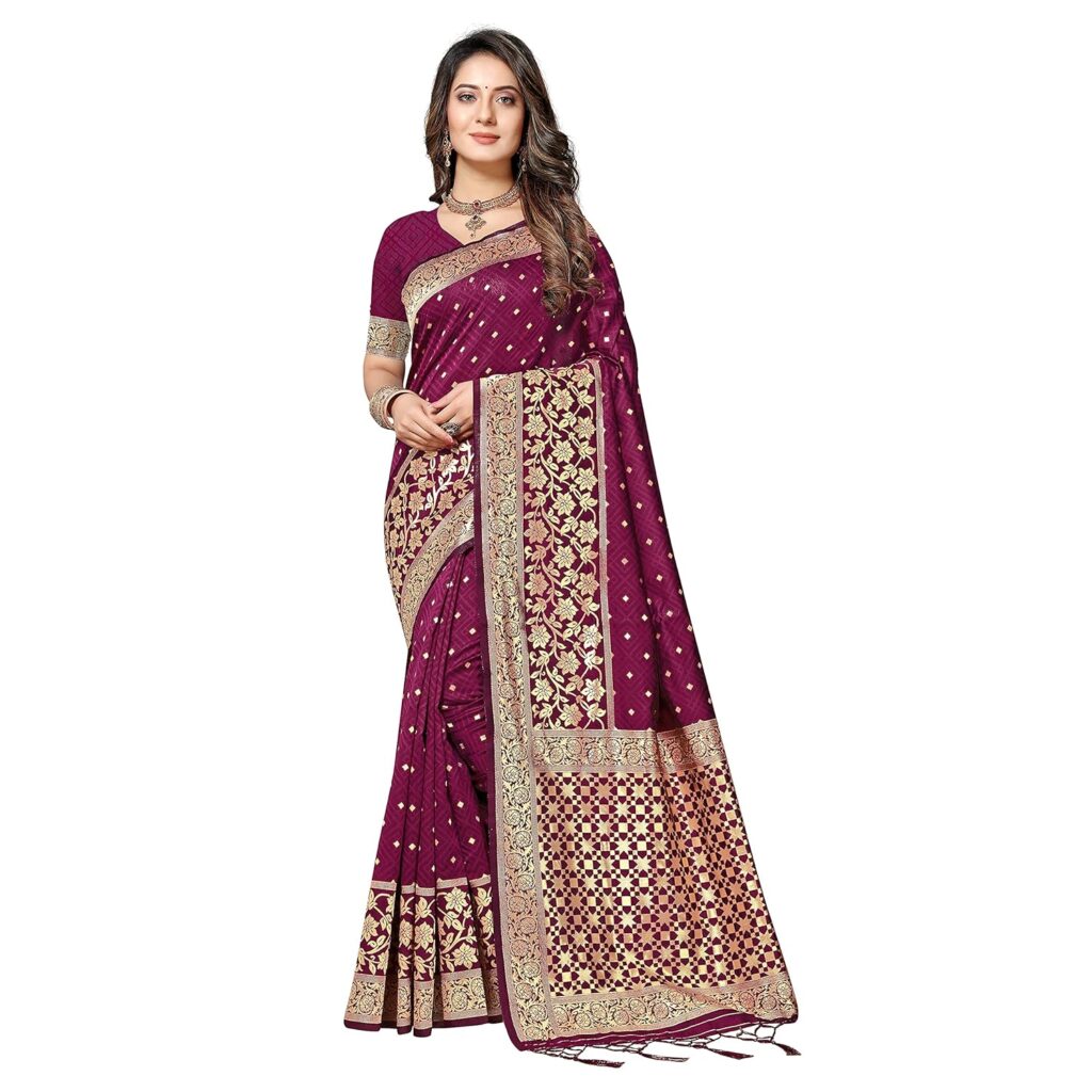 Rekha Maniyar Silk Women’s Thread And Zari Work Woven Banarasi Saree With Tassels And Unstitched Blouse Piece (Mysoremagic)