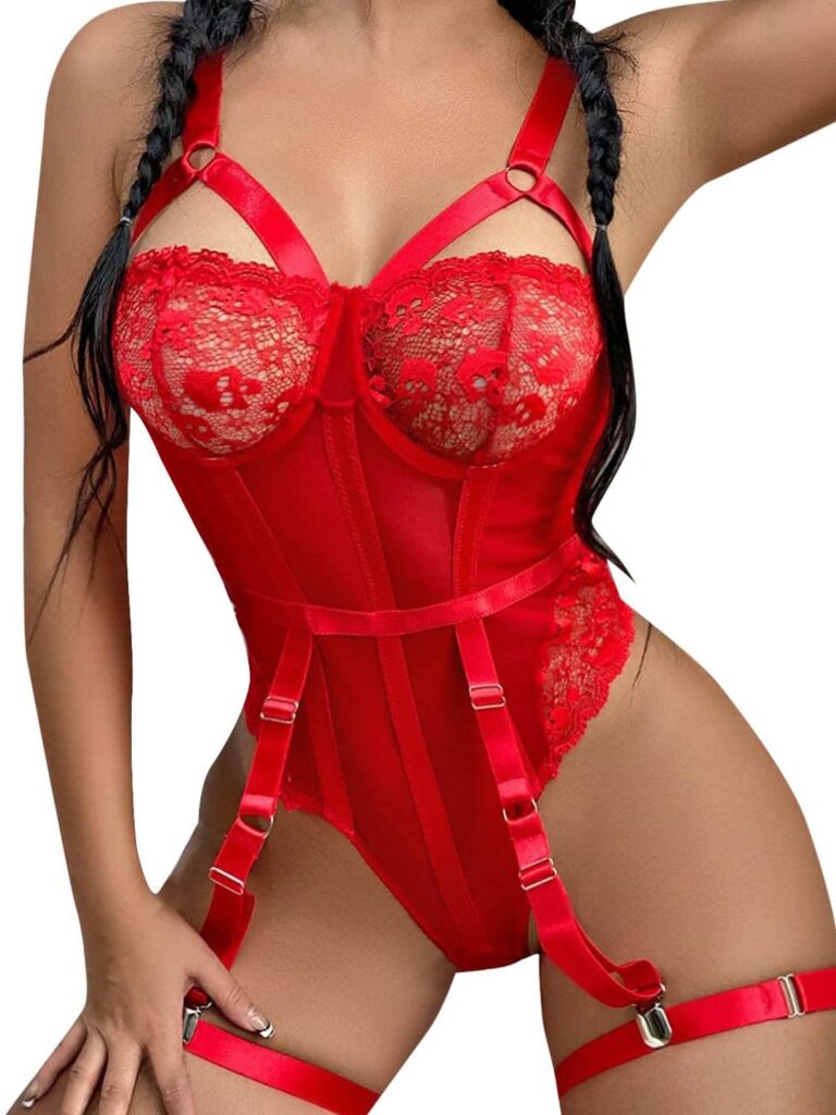 RioDebella Sexy Black Lace Mesh Lingerie Bodysuit for Women – Strappy Bustier Teddy with Garter Belts