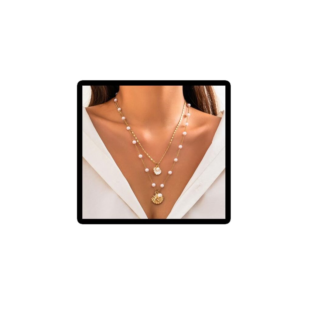 SANNIDHI® Necklace for Women Girls 2Pcs Boho Gold Seashell Pendant Necklaces Layered Pearl Starfish Necklace Chains Beach Jewelry Gift Item for Women
