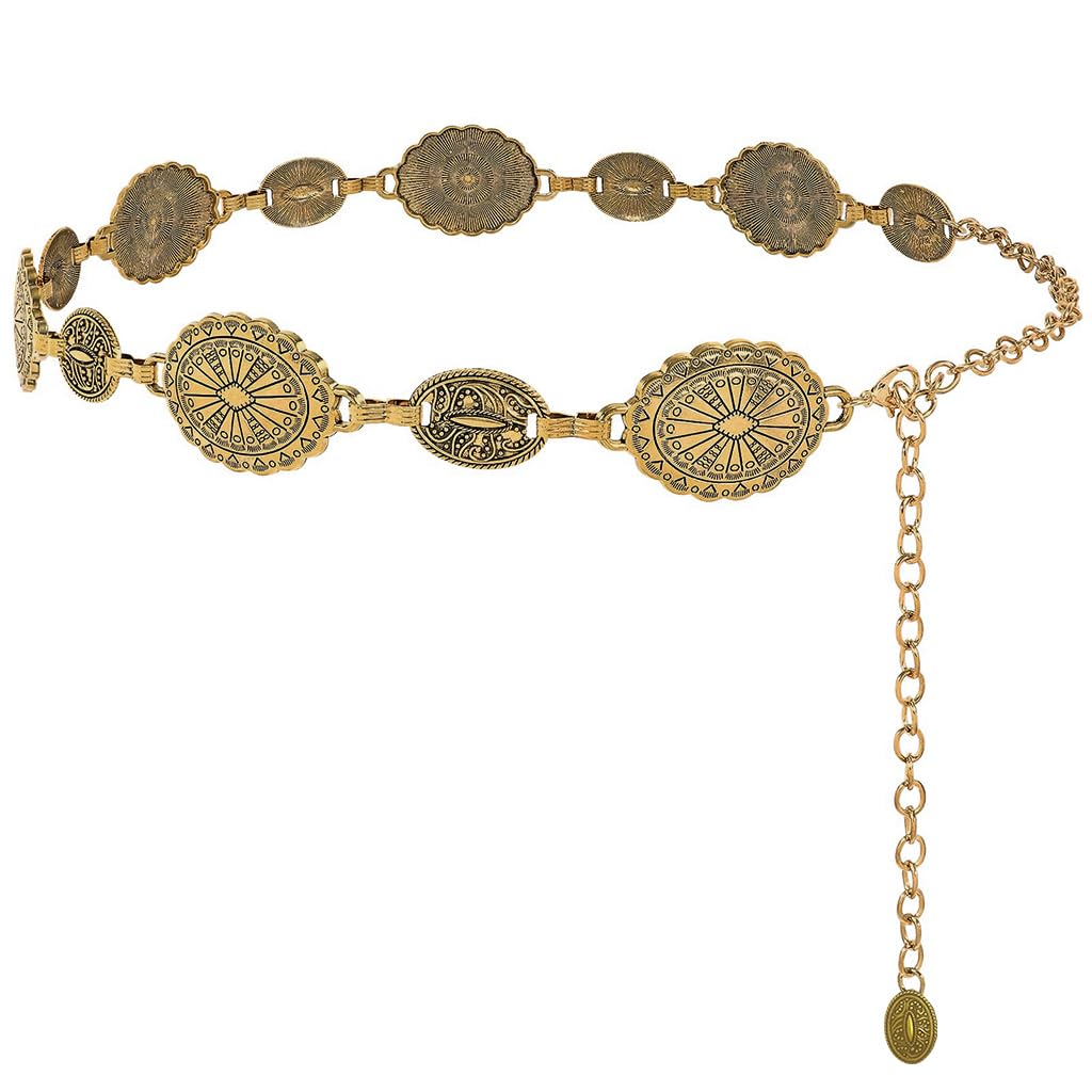SANNIDHI® Waist Chain for Women for Saree Gold Metal Concho Waist Belt Stylish Boho Western Hip Belt Fashion Adjustable Cowgirl Jewellery Chain Belts for Dresses, Jeans, Skirts, Beach Outfits