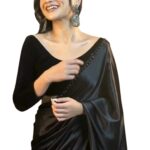 SHOPAZ Women’s Ready to Wear Black Satin Silk 1 Minute Pre Pleated Heavy Saree with Hand Work Lace