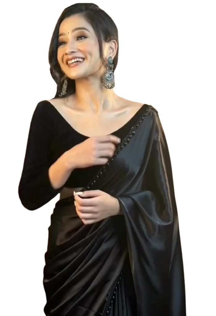 SHOPAZ Women’s Ready to Wear Black Satin Silk 1 Minute Pre Pleated Heavy Saree with Hand Work Lace SHOPAZ Women’s Ready to Wear Black Satin Silk 1 Minute Pre Pleated Heavy Saree with Hand Work Lace