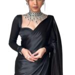 SHOPAZ Women’s Ready to Wear Plain Black Satin Silk 1 Minute Pre Pleated Saree With Black Unstitched Blouse