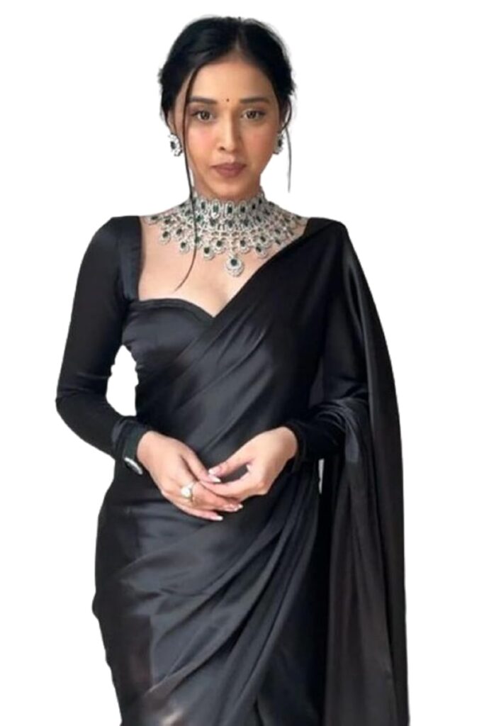 SHOPAZ Women’s Ready to Wear Plain Black Satin Silk 1 Minute Pre Pleated Saree With Black Unstitched Blouse