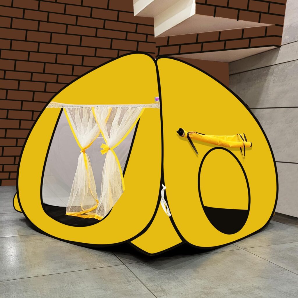 SILVER SHINE Foldable Delightful Patterns Popup Kids Play Tent House for Multi Purpose|PlayTent House for up to 10 YearOld Kids Girls&Boys|Mosquito Net Design Tent for Kids-Yellow