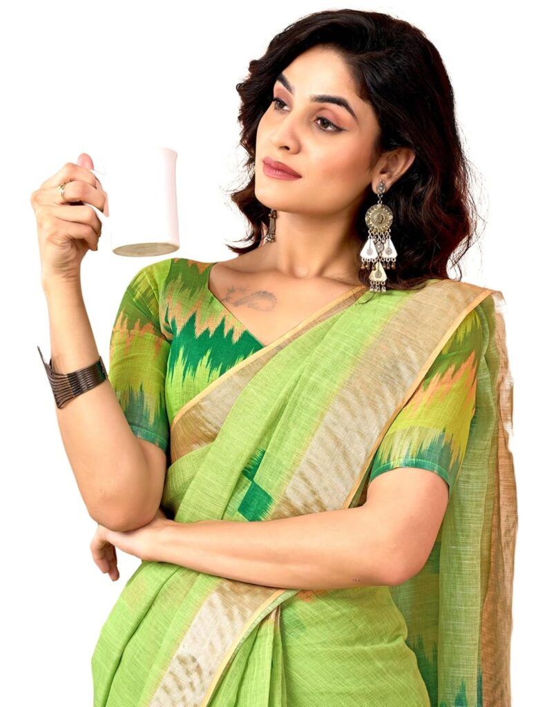 SIRIL Women’s Cotton Linen Printed Ready To Wear With Pocket Saree with Unstitched Blouse Piece