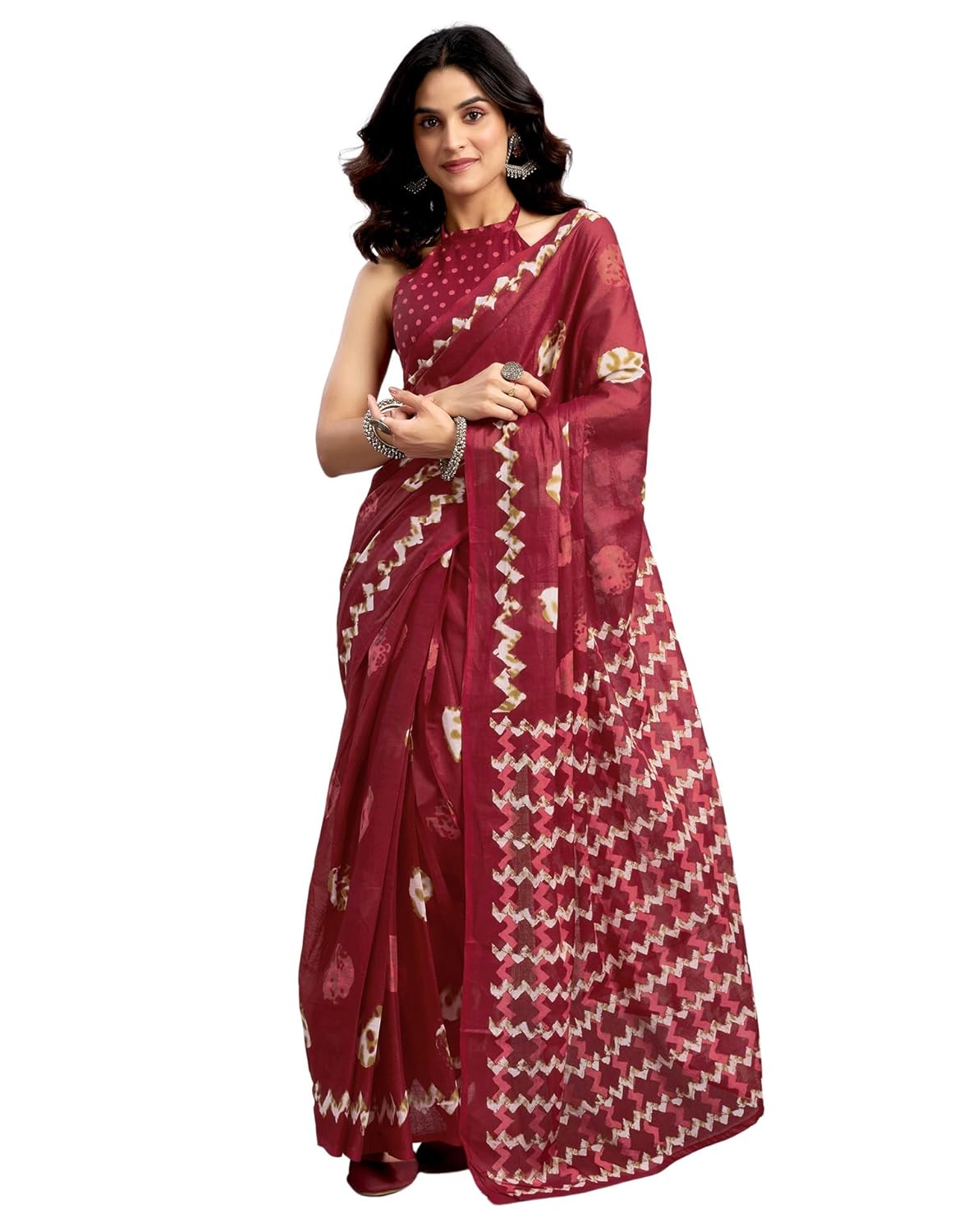 SIRIL Women’s Pure Cotton Batik Printed Ready To Wear Saree With Unstitched Blouse Piece