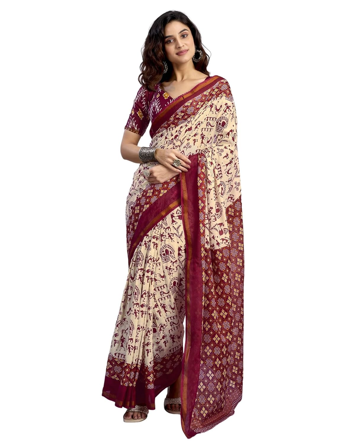 SIRIL Women’s Pure Cotton Warli Printed Ready To Wear Saree With Unstitched Blouse Piece