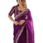SIRIL Women’s Shimmer Chiffon Sequence Embroidery Scalloped Border Saree With Unstitched Blouse Piece