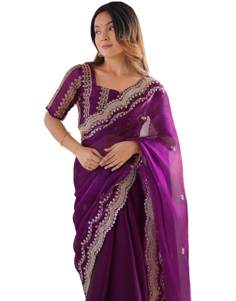 SIRIL Women’s Shimmer Chiffon Sequence Embroidery Scalloped Border Saree With Unstitched Blouse Piece