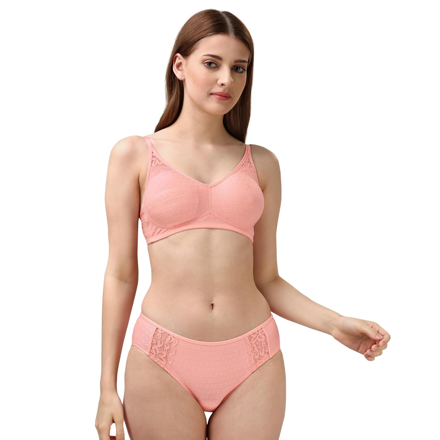 SOIE Women Non Padded Non Wired Medium Coverage Lace Bra and Mid Rise Lace Brief Lingerie Set