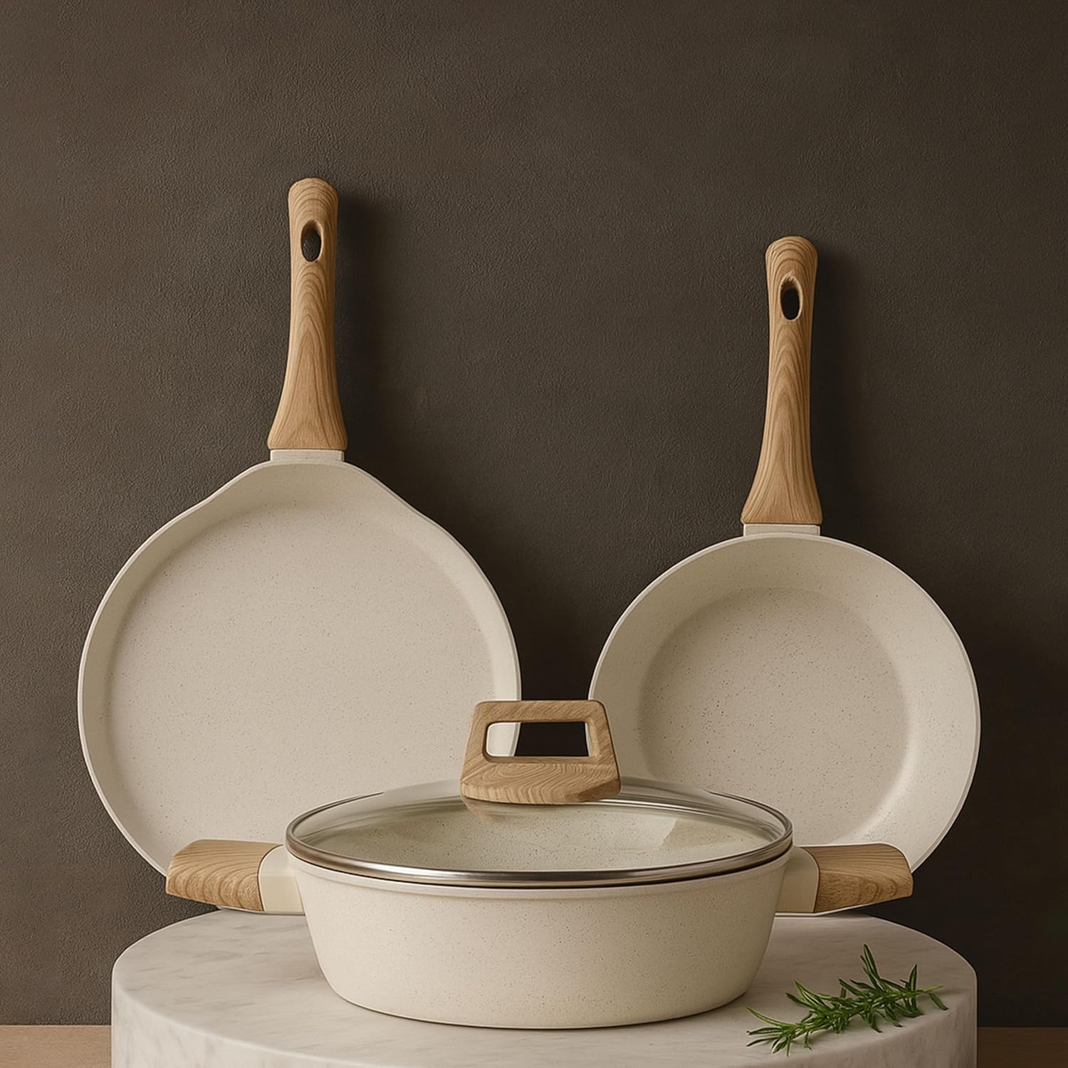 SOLARA Belmont Ceramic Non Stick Cookware Set, Tawa 28cm + Frypan 24cm + Low Casserole with Glass Lid 2.2 Litre/24cm, Gas & Induction Compatible, Ivory