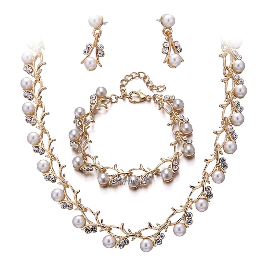 Shining Diva Fashion Latest Stylish 18k Gold Plated Combo Pearl Necklace Earrings Bracelet Jewellery Set for Women and Girls