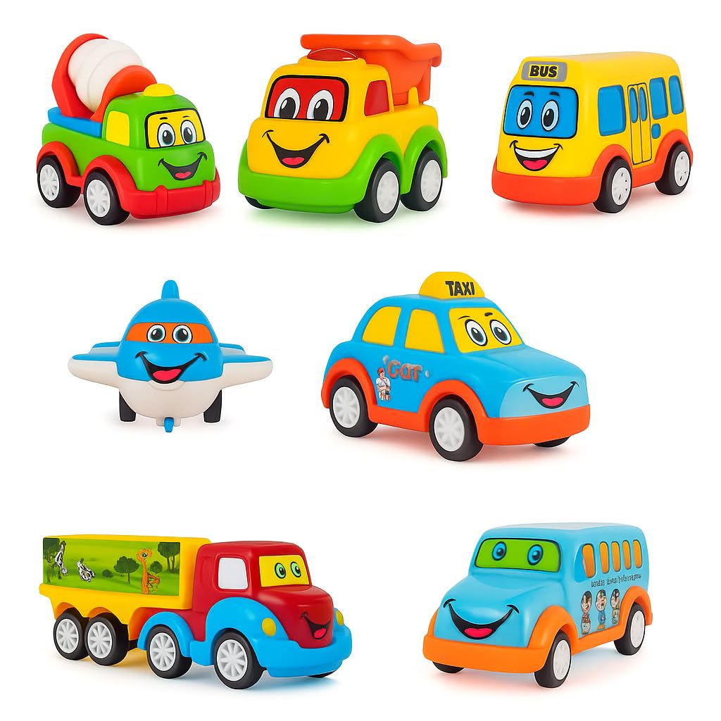 Sky Tech® Fun Auto Unbreakable Car Set Pull Back Transport Vehicles Push and Go Crawling Toy for Kids & Children, Power Friction Cars Pull Back for 2+ Years Boys Girls Plastic (Pack of 7) – Multicolor