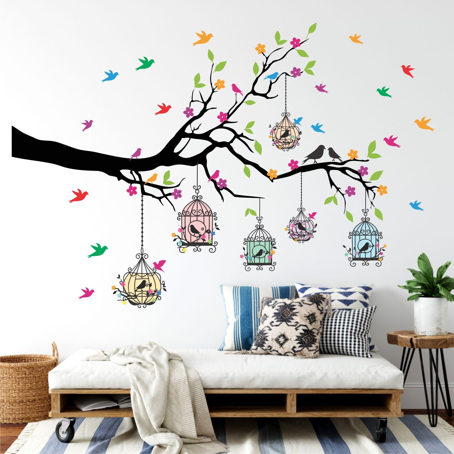 Sticker Yard PVC Vinyl Tree and Flowers Branch Leaves Self-Adhesive Wall Sticker for Home Decor/Decoration – Living Room, Bedroom, Kids Room (Multicolor, Size: 127X84 cms)