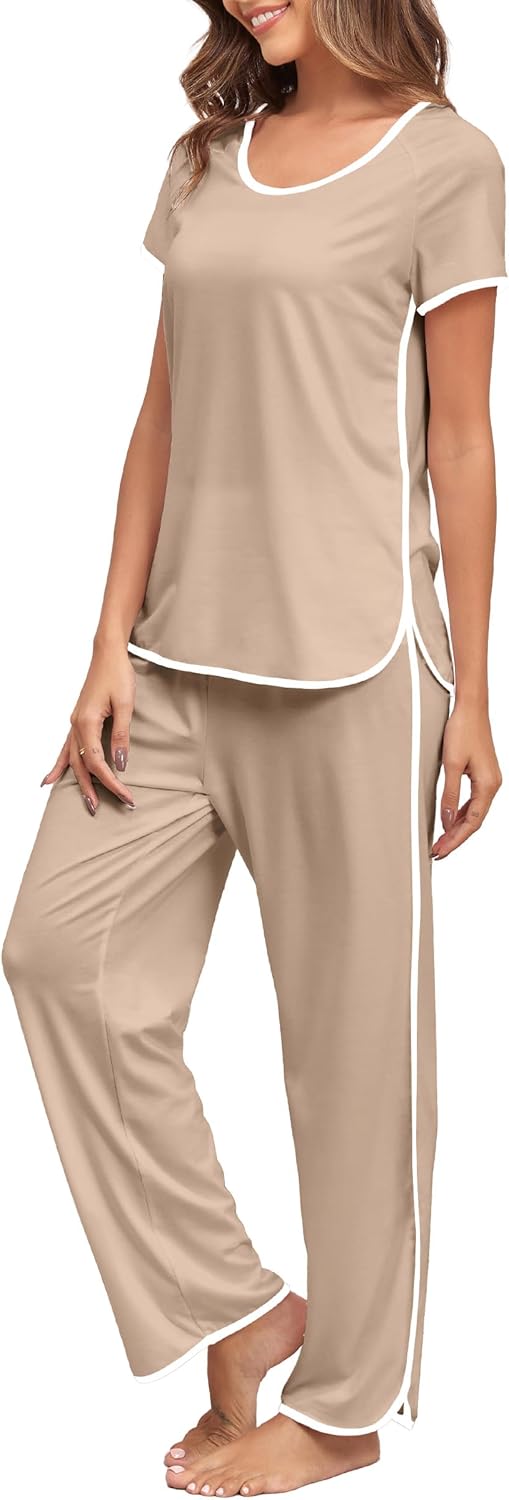Stripe Pajamas Set Women Two-Piece Nightwear Short Sleeve Sleepwear Soft Side Split Loungewear Pjs Sets