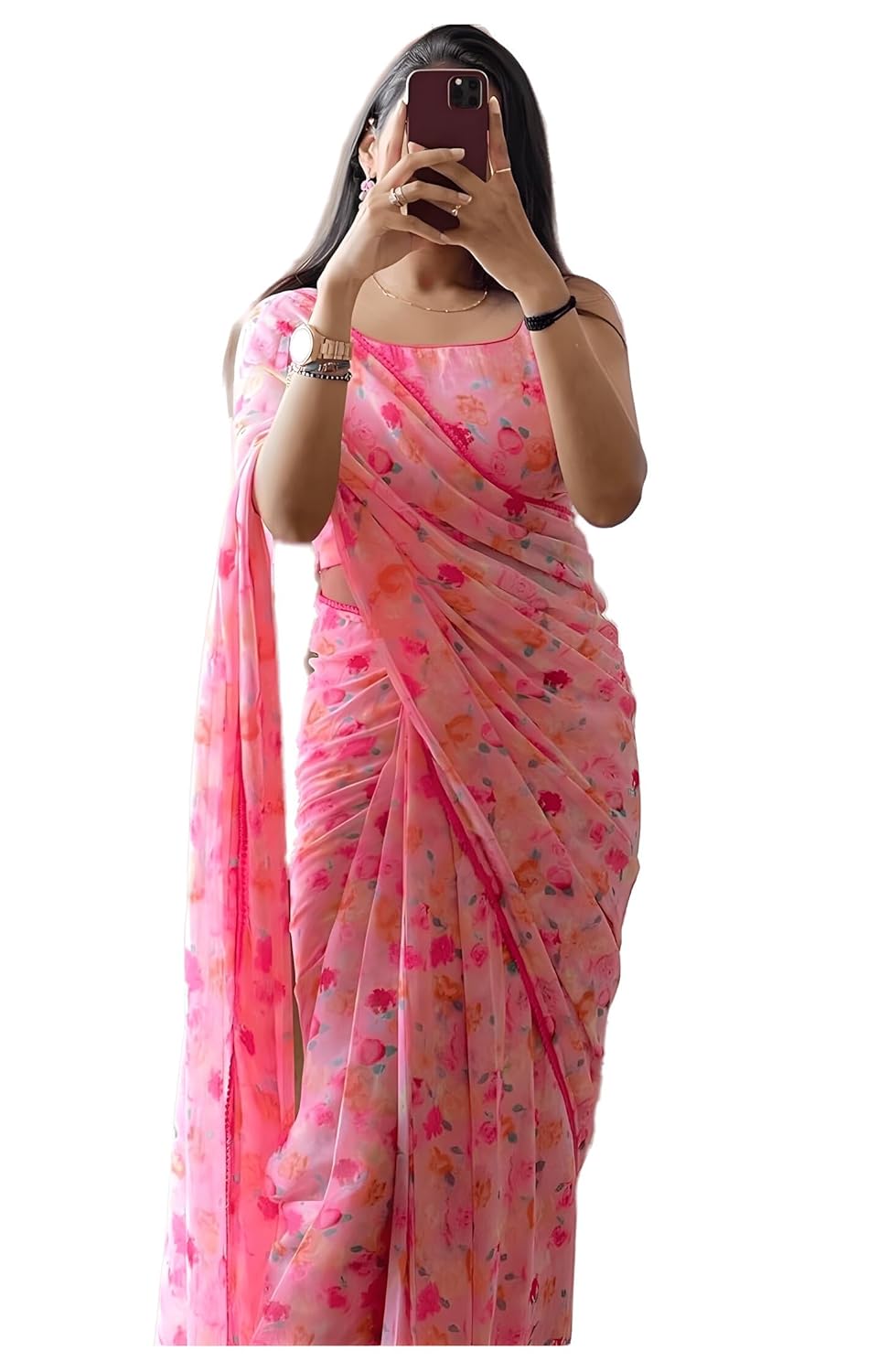 StyleScope Women’s Georgette Floral Printed Lace Bordered Ready To Wear One Minute Saree With Print Unstitched Blouse Piece (Candy Pink_Pink_Free Size)
