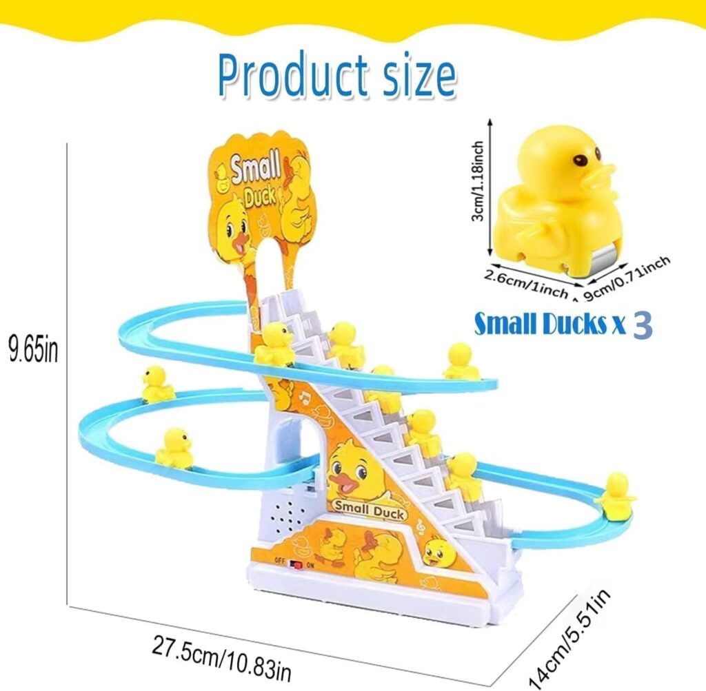 TEC TAVAKKAL Duck Slide Toy Set, Funny Automatic Stair-Climbing Ducklings Cartoon Race Track Set Duck Roller Coaster Escalator Toy with Flashing Lights & Music (Duck Track Set)