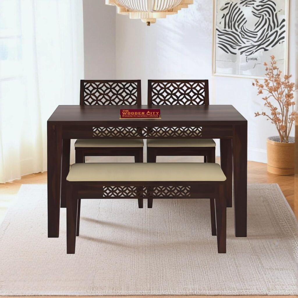 THE WOODEN CITY®️ Sheesham Wood 4 Seater Dining Set | Includes 2 Chairs & 1 Bench | Solid Wood Dining Table Set for Dining Room(Walnut, 4 Seater) THE WOODEN CITY®️ Sheesham Wood 4 Seater Dining Set | Includes 2 Chairs & 1 Bench | Solid Wood Dining Table Set for Dining Room(Walnut, 4 Seater)