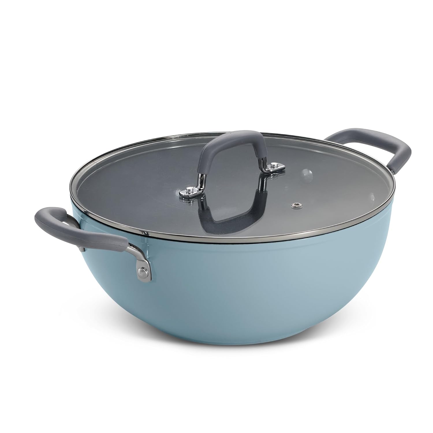 TRAMONTINA Velo 28cm/5.6L Forged with Ceramic Reinforced Interior Kadai|Tempered GlassLid|Kadhai for Curry, Deep-Fry, Stir-Fry|Silicone Grip Handles|Gas/Induction Cookware|Cook & Serve|Sea Blue