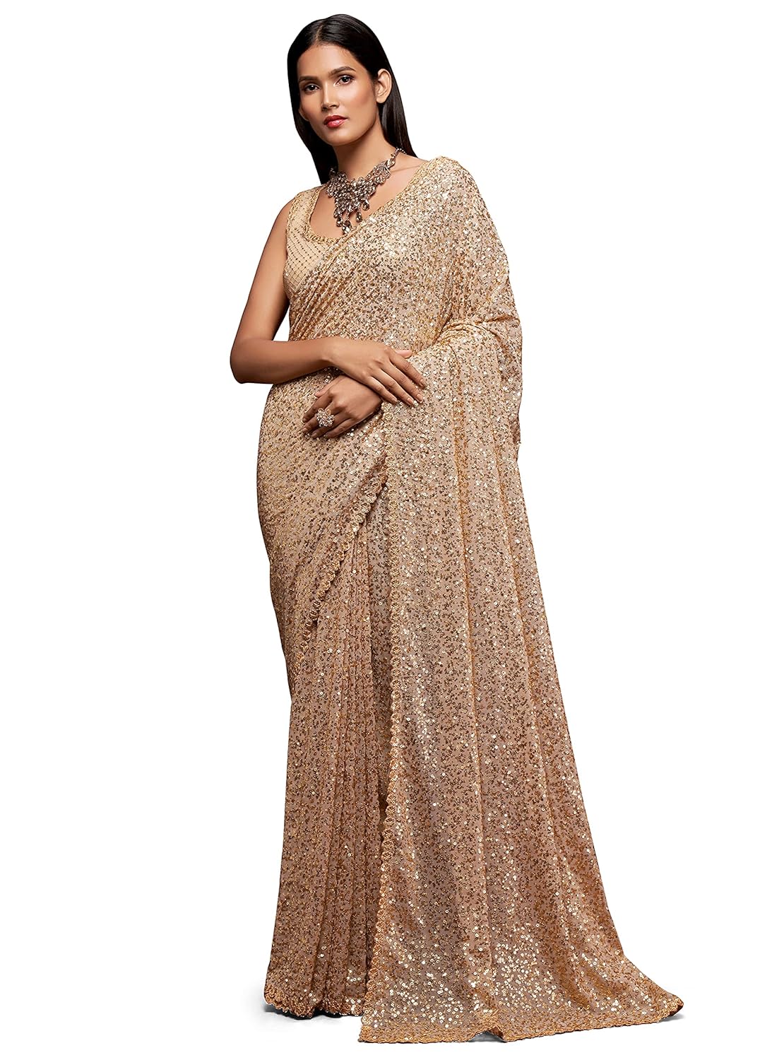 TRENDMALLS Women’s Georgette Heavy Sequins Work Heavy Saree with Blouse (Latest-Sequins-Party-Saree)