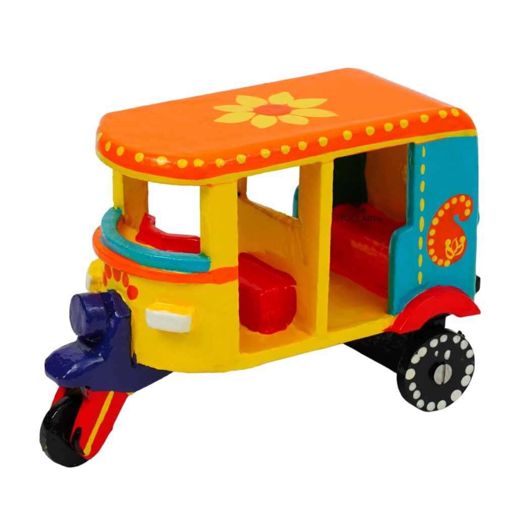 Toolart® Wooden Handcrafted Hand-Painted Auto Rickshaw Toy for Kids | Traditional Push & Pull Wooden Toy Showpiece | Best Birthday Return Gift (Small_Auto_Parent) (01)