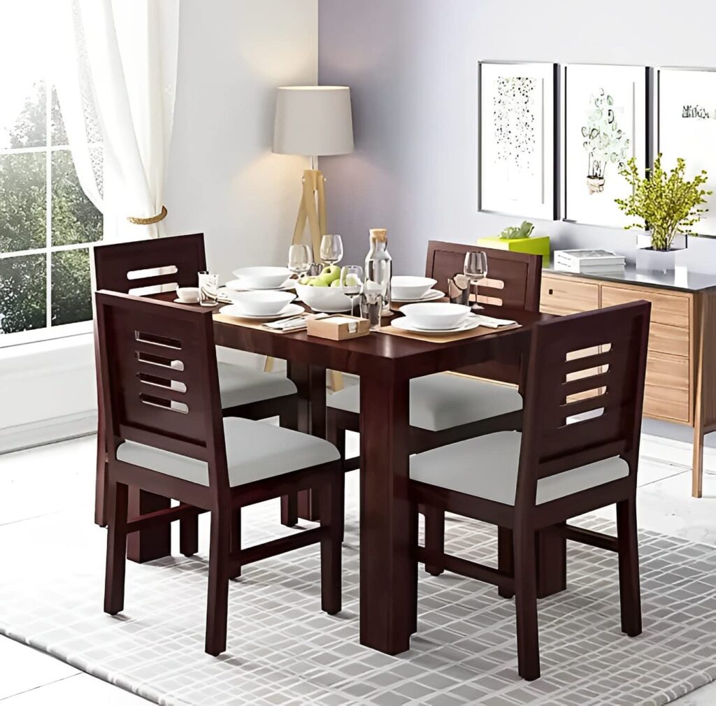VK Furniture Solid Sheesham Wood Dining Table Four 4 Seater Dining Table Wooden Dining Table 4 Seater Set with 4 Cushion Chairs for Living Room Home Office Restaurant |Chestnut | L45 X W30 X H30 VK Furniture Solid Sheesham Wood Dining Table Four 4 Seater Dining Table Wooden Dining Table 4 Seater Set with 4 Cushion Chairs for Living Room Home Office Restaurant |Chestnut | L45 X W30 X H30