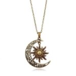 Vintage Bronze Crescent Moon and Sun Pendant Necklace Retro Style Swirl Filigree Unisex Sweater Chain Jewelry Gifts for Women Men Girls-Bronze