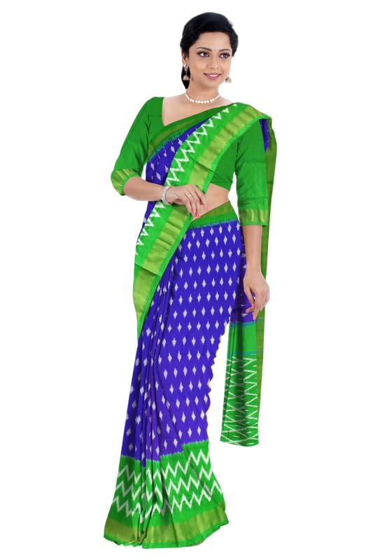 Viswaveda Women’s Pochampally Handloom Silk Tie & Dye Ikat Saree with Green Pallu with Blouse (Blue) (V14PP011)