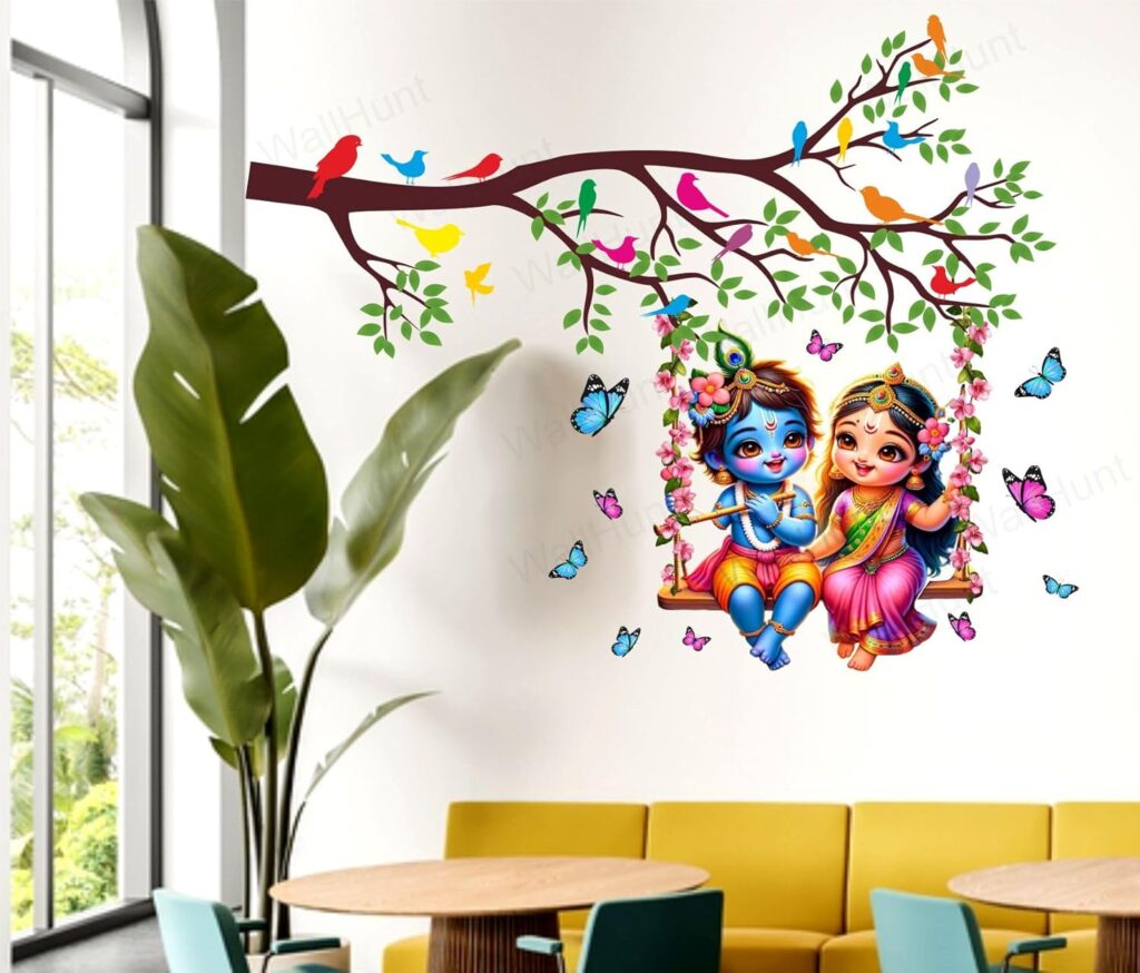 WallHunt PVC Vinyl Tree and Flowers Branch Leaves Radha Krishna Self-Adhesive Wall Sticker for Home Decor/Decoration – Living Room, Bedroom, Kids Room (Multicolor, Size: 89X73 Cm)