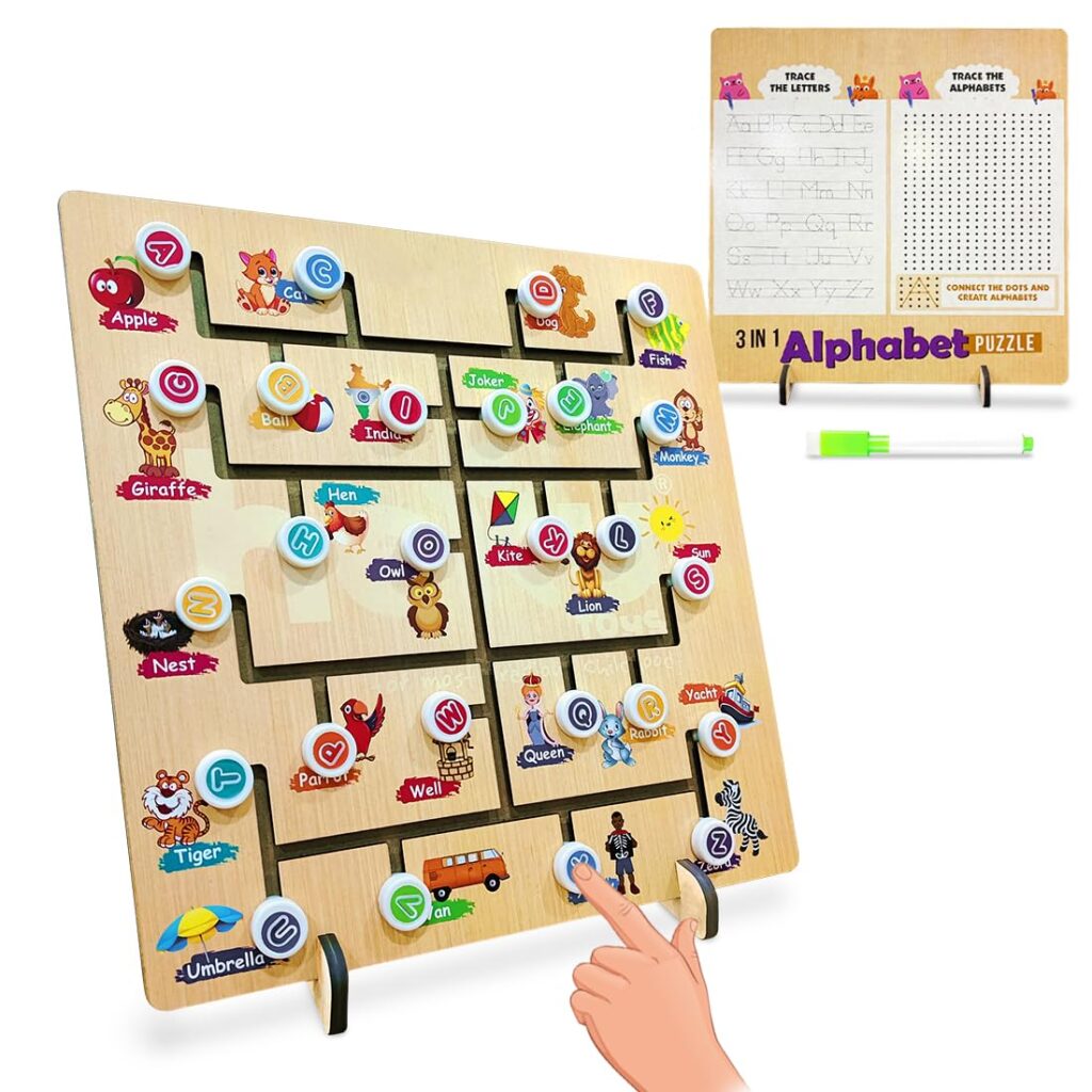 Wembley 3 in 1 Wooden Alphabet Puzzle for Kids Trace The Letters & Alphabets ABCD Creative Toy Educational Board Game for Babies 2+ Develops Motor Skills Concentration Early Learning