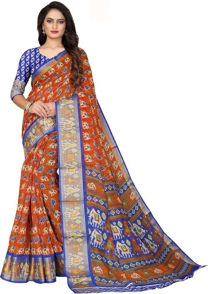 Women’s Cotton Patola Printed Pochampally Ikat Saree with Unstitched Blouse Piece
