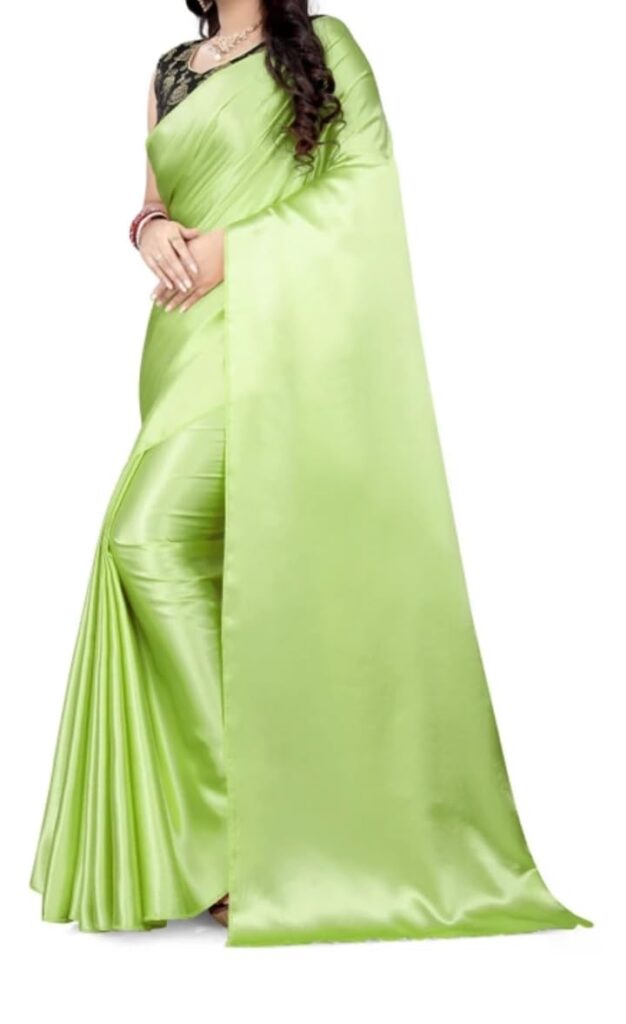 Women’s Pastel Green Satin Saree With Plain Black Satin Blouse (Unstitched)