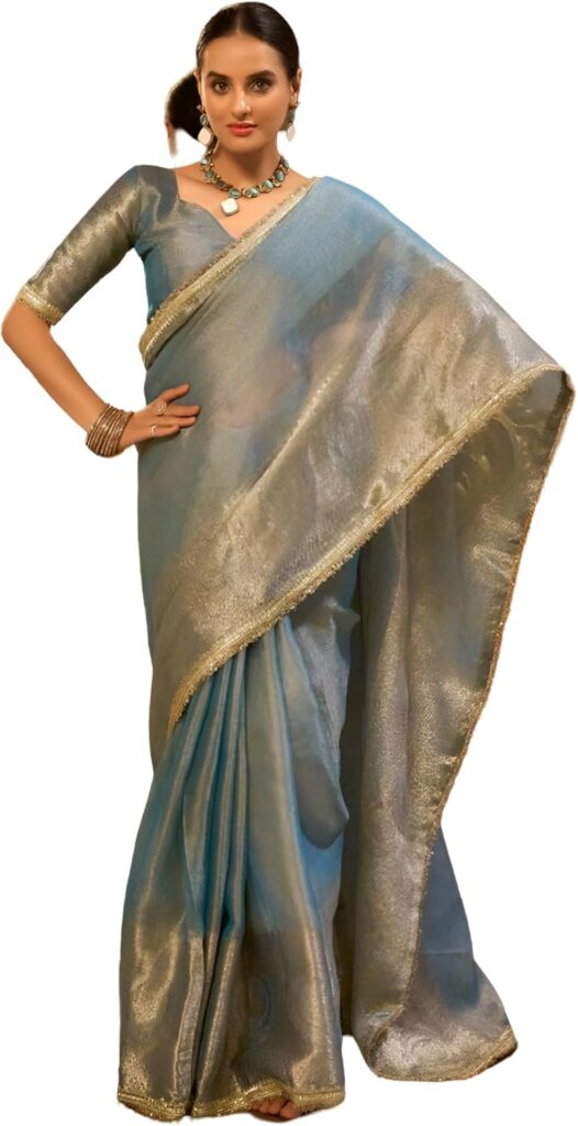 Women’s Pastel Tissue Shimmer Silk Saree Trendy Designer Saree With Zari Weaving Work Elegant Party Wear & Festive Wear