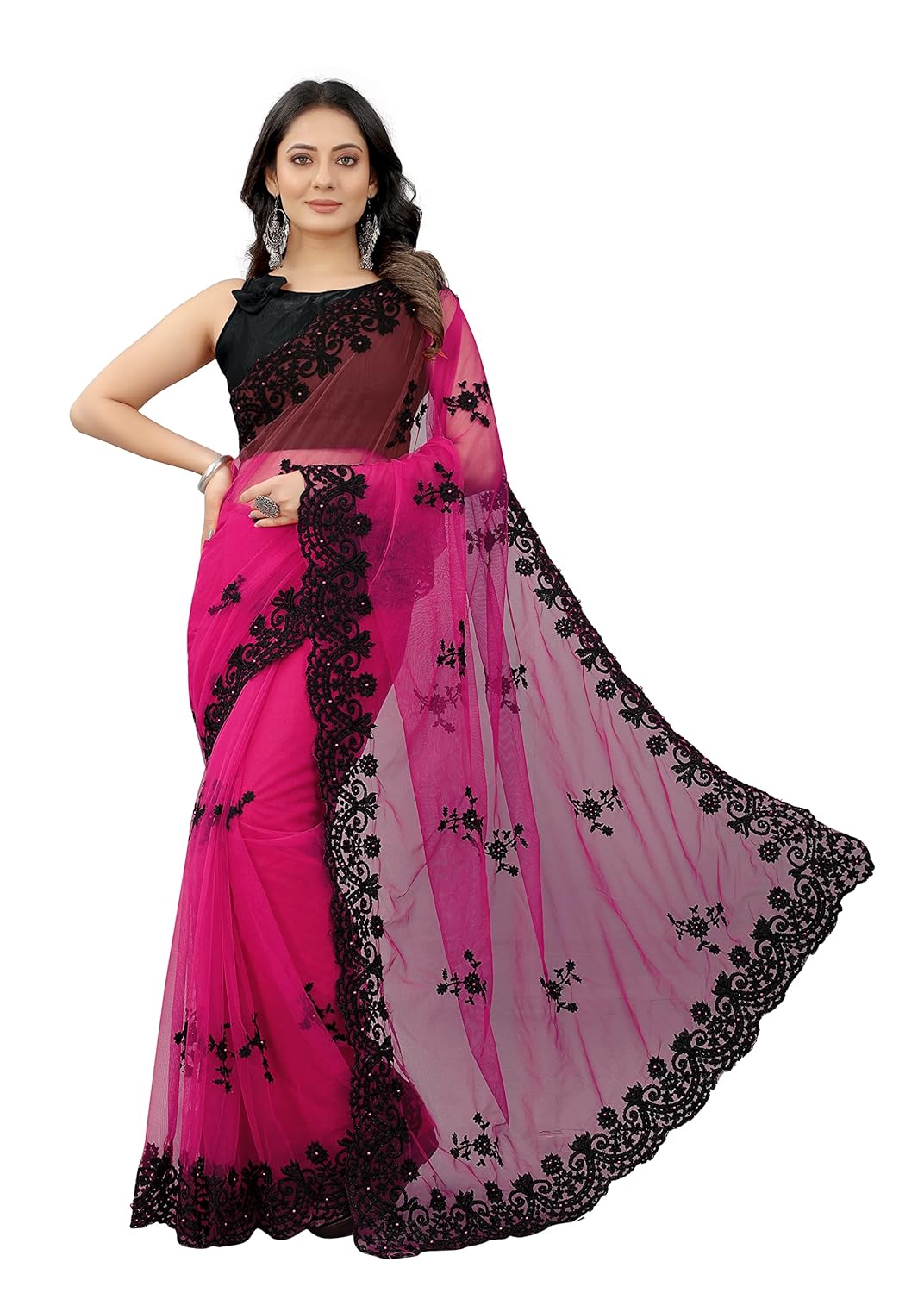 Yashvi Designer Women’s Embroidered Work Net Saree With Unstitch Blouse Piece.