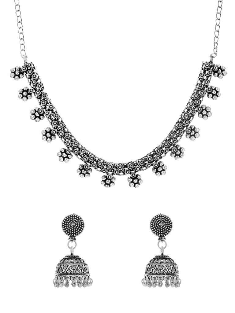 Yellow Chimes Traditional Silver Oxidised Kohlapuri Jewellery Choker Necklace Set for Women