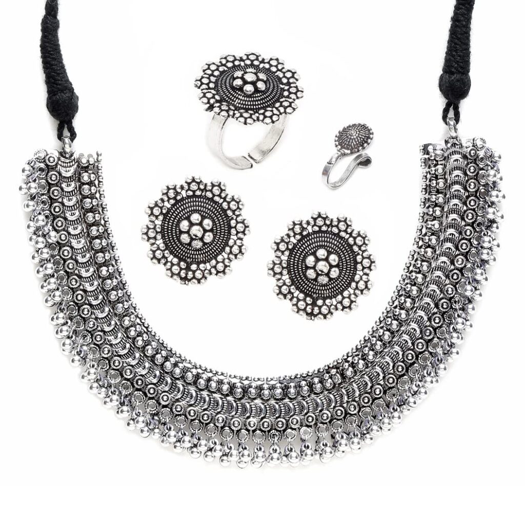 YouBella Jewellery Set for Women Oxidised Silver Tradtional Necklace Jewellery Set with Earrings , Rings and Nose Clip for Girls and Women (YBNK_50346)