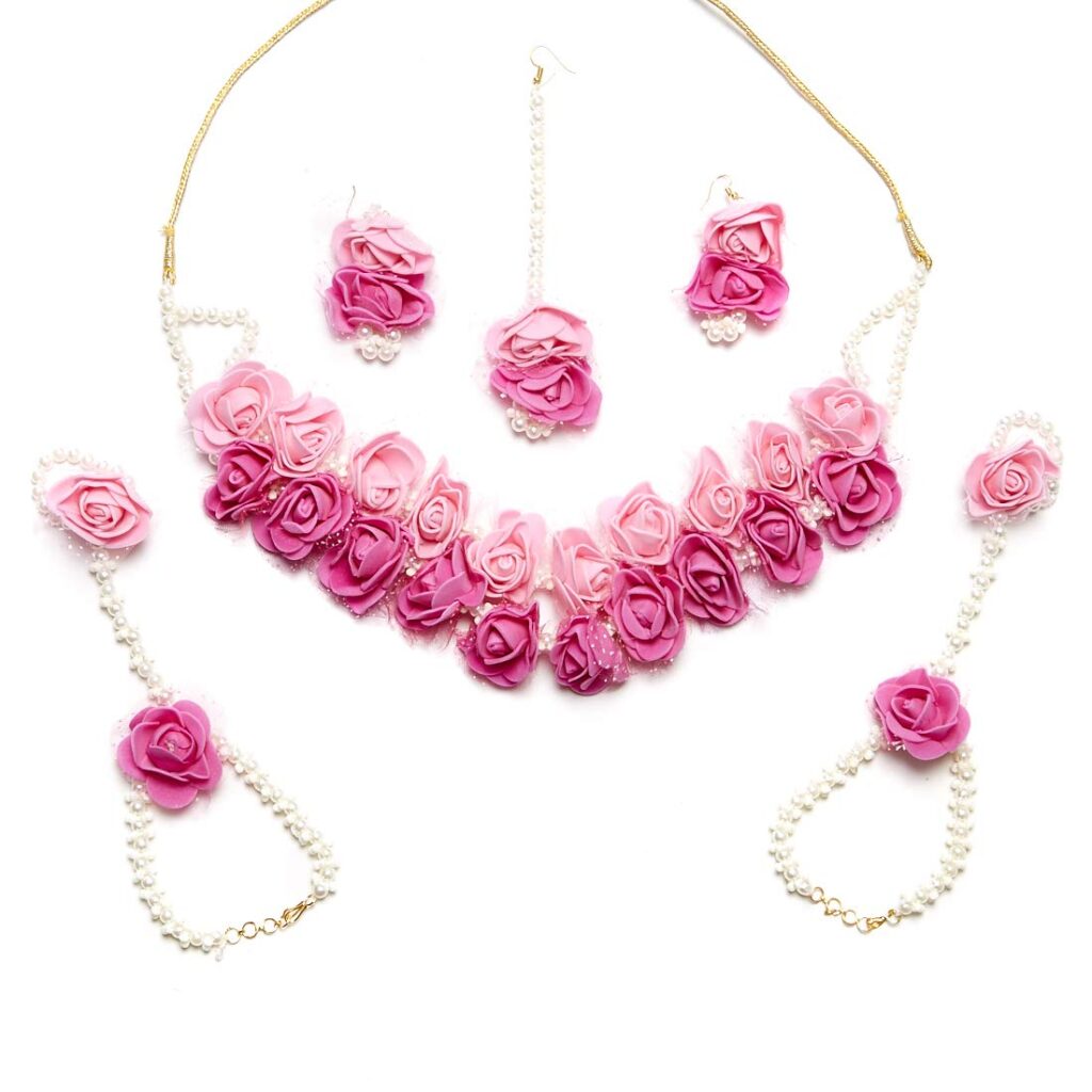 ZENEME Jewellery Pearl Designer Pink & Red Jewellery Set with 5 Items for Women & Girls (Mehandi/Haldi Bridal/Baby Shower)