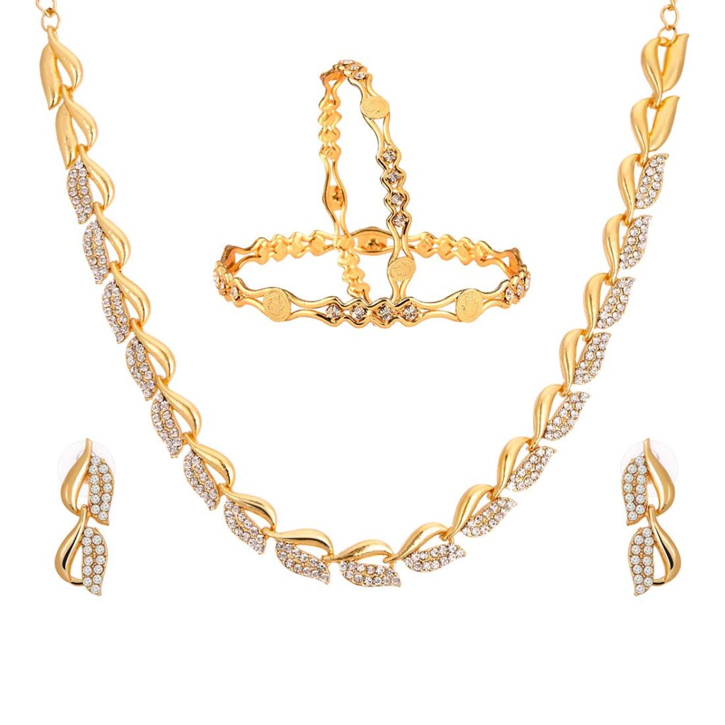 ZENEME Non-precious Metal Gold Plated and American Diamond Necklace Set & Bangles for Women & Girls