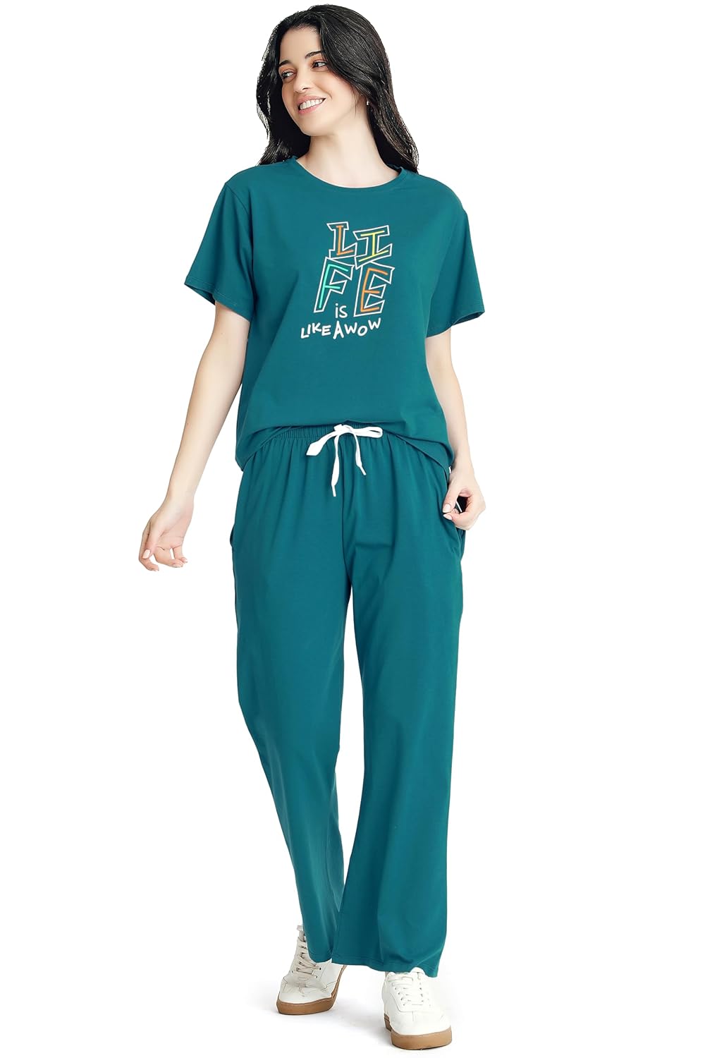 ZEYO Night Suit for Womens Typography Printed Cotton Lycra Night Dress of Top and Wide Bottom Pyjama