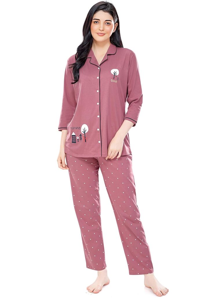 ZEYO Women’s Cotton Dot Printed Pajama Set Night Suit Set Of Shirt & Pyjama 5242