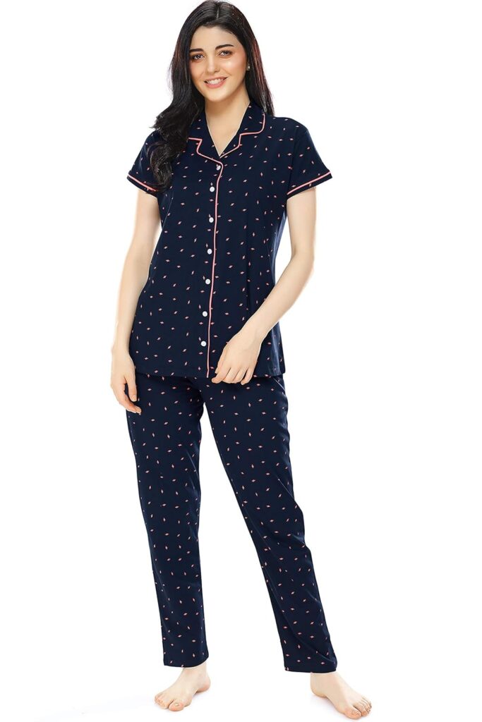ZEYO Women’s Cotton Flash Printed Night Suit set of Shirt & Pajama Set 5251