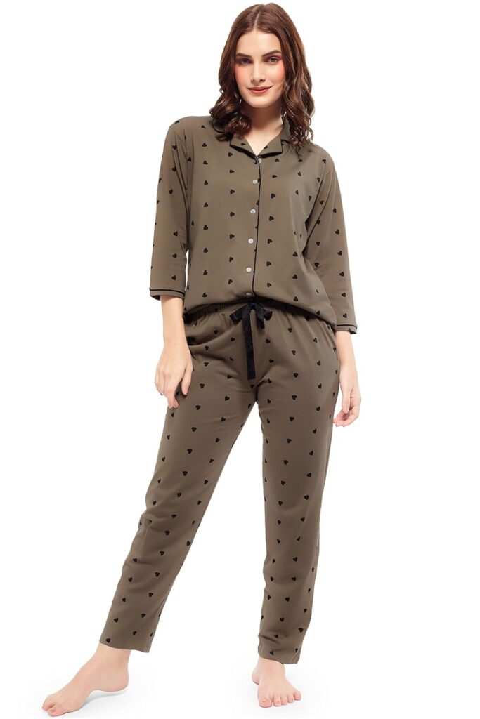 ZEYO Women’s Cotton Heart Printed Night Suit Set of Shirt & Pajama Set 51522