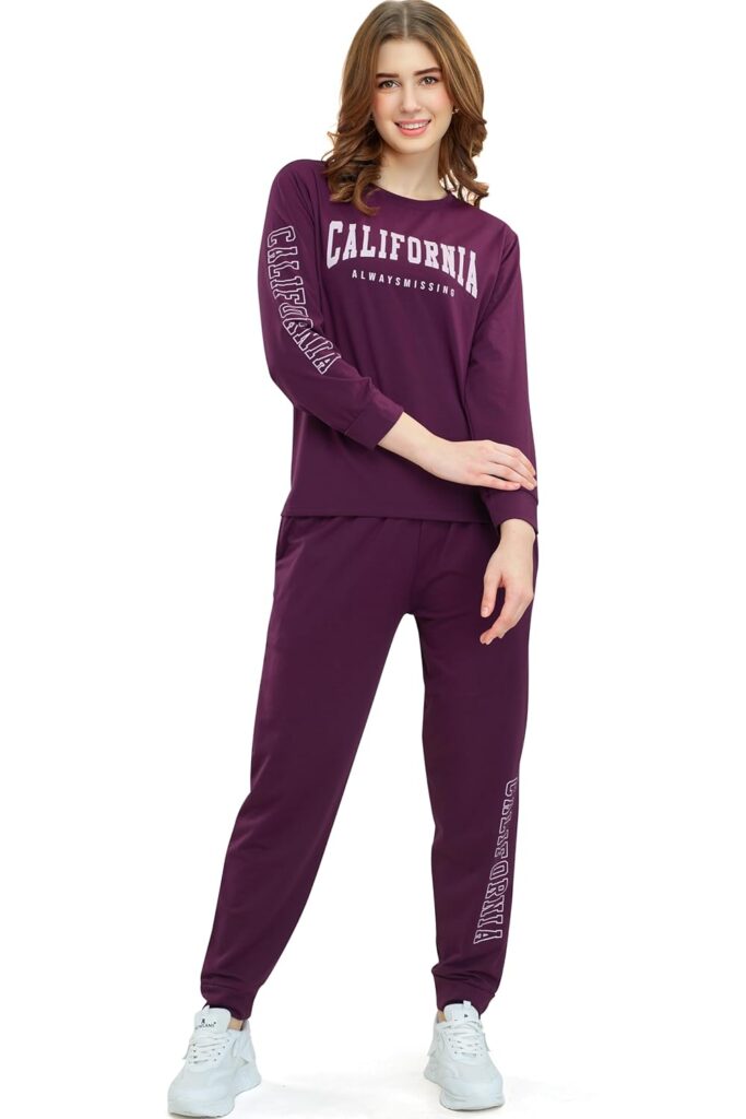 ZEYO Women’s Cotton Lycra Typography Printed Relaxed Night Suit Set of Top & Joggers