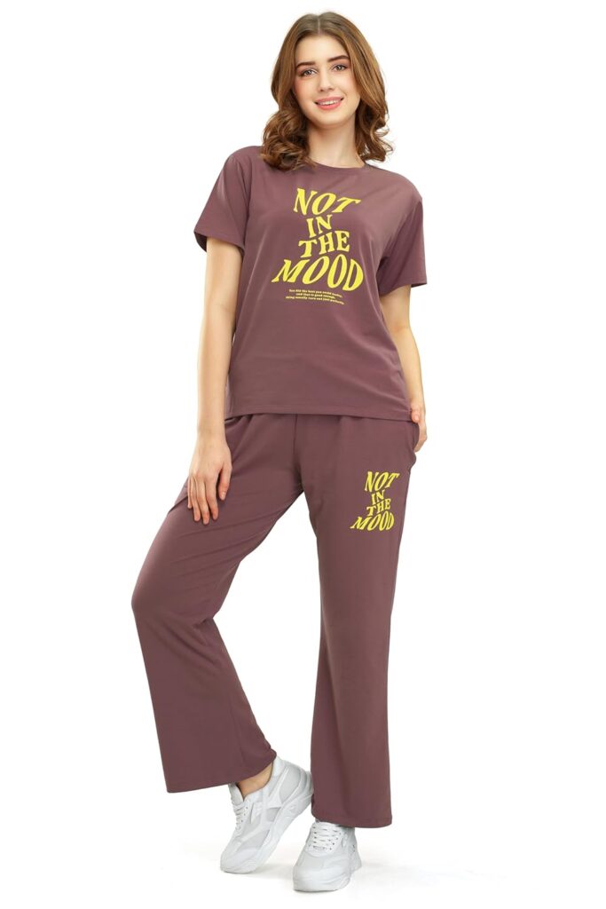 ZEYO Women’s Cotton Lycra Typography Wide Bottom Night Suit Set of Top & Pyjama