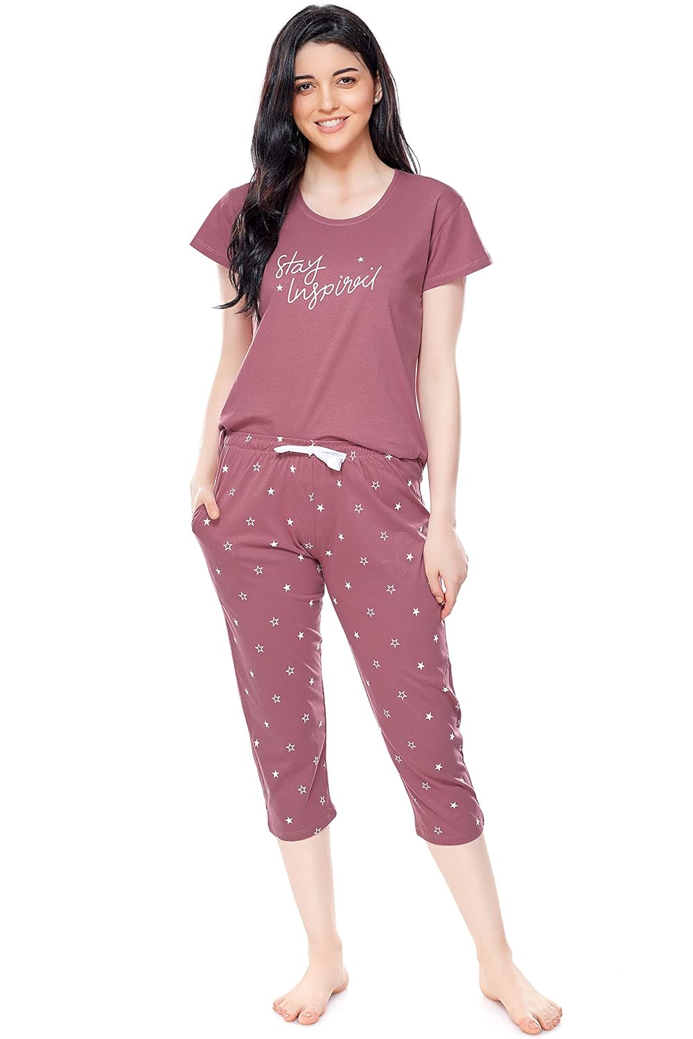 ZEYO Women’s Cotton Star Printed Night Suit Set of Top & Capri 5235