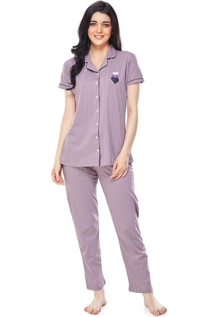 ZEYO Women’s Cotton Strip Printed Night Suit Set of Shirt & Pyjama 5261