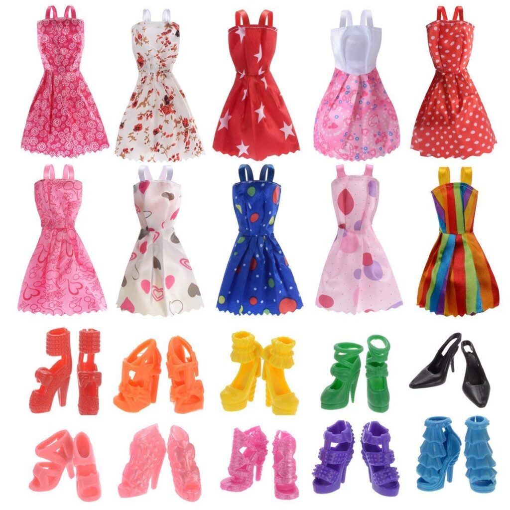 iDream Doll Accessories – 10pcs Doll Dress & 10pair Doll Shoes (Combo Pack) Compatible with Any Doll,Cotton,Multicolor