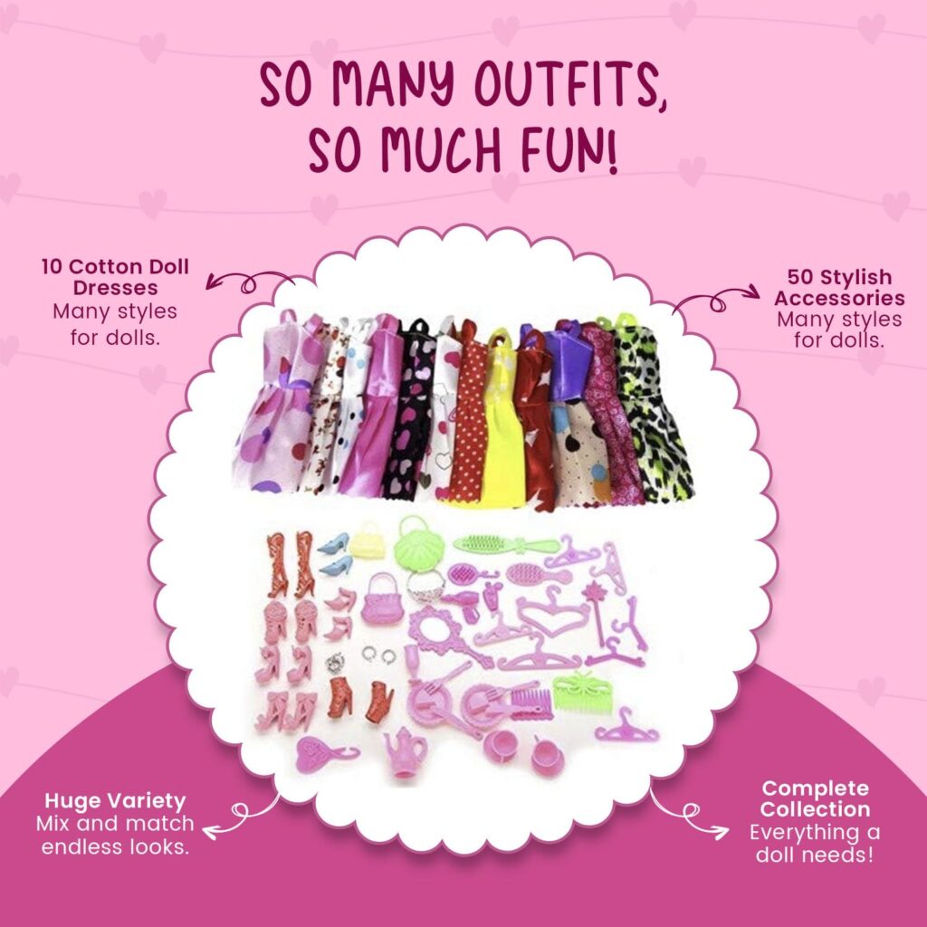iDream Doll Accessories Set – 10 Cotton Doll Dresses & 50 Stylish Accessories for Imaginative Play – Perfect for Kids’ Doll Wardrobes and Creative Adventures, Great Gift for Girls