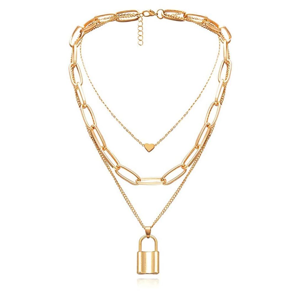 ARZONAI Punk Vintage Stainless Steel Layered Portrait Lock Pendant Chunky Thick Cuban Link Chains Choker Necklaces for Women (Gold)